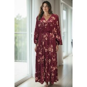 Easel Floral Print Maxi Dress Burgundy Bohemian Flowy Long Sleeve Small